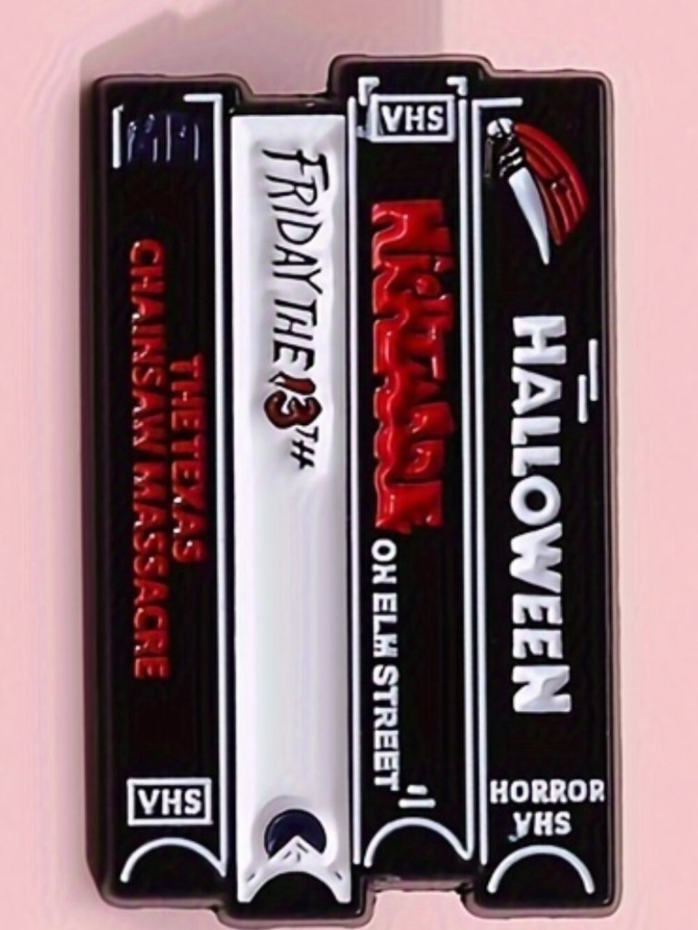 STACK OF CLASSIC HORROR FILM VHS TAPES OIL DRIPPED ENAMEL PIN BROOCH NWT